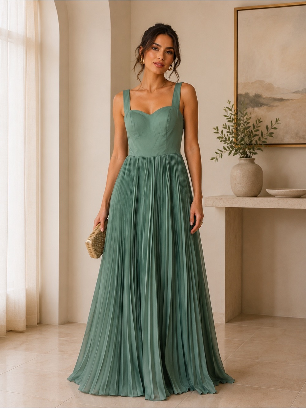 Sage Green Pleated Floor-Length Maxi Dress Corset Back Size Small